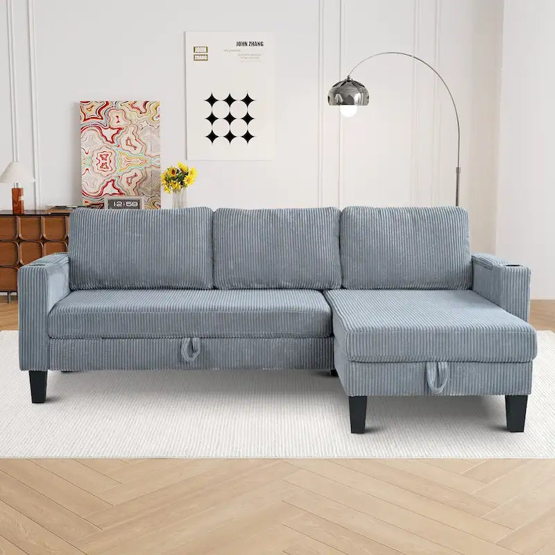 Canapé d'angle réversible avec méridienne de rangement, ports USB et porte-gobelets