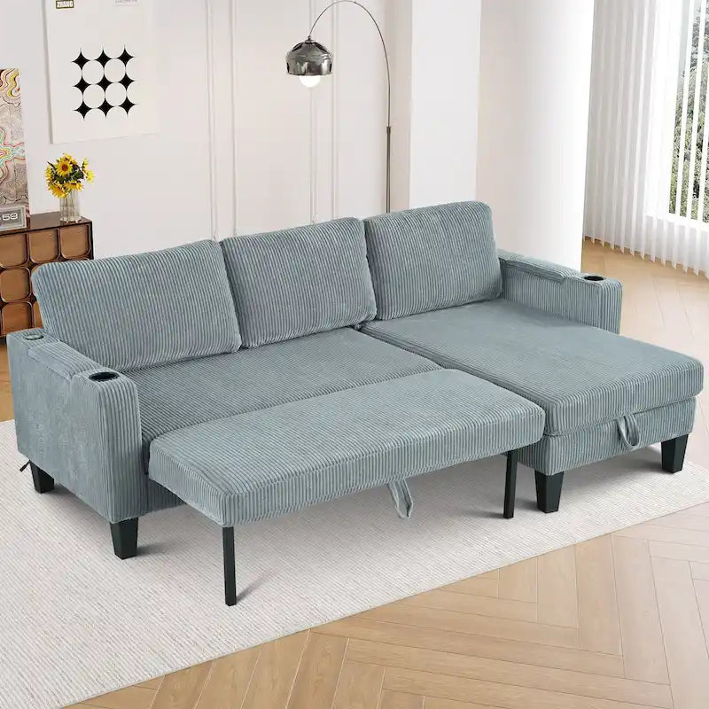 Canapé d'angle réversible avec méridienne de rangement, ports USB et porte-gobelets