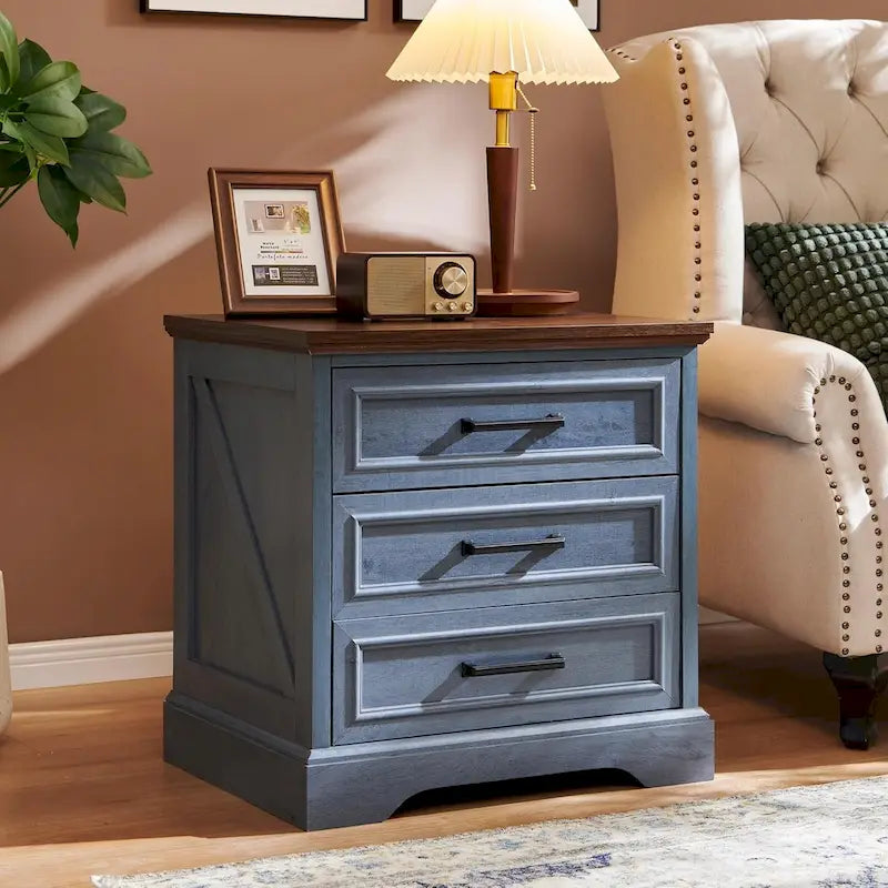 Farmhouse 3-Drawer Nightstand, Wide End Table with Charging Station