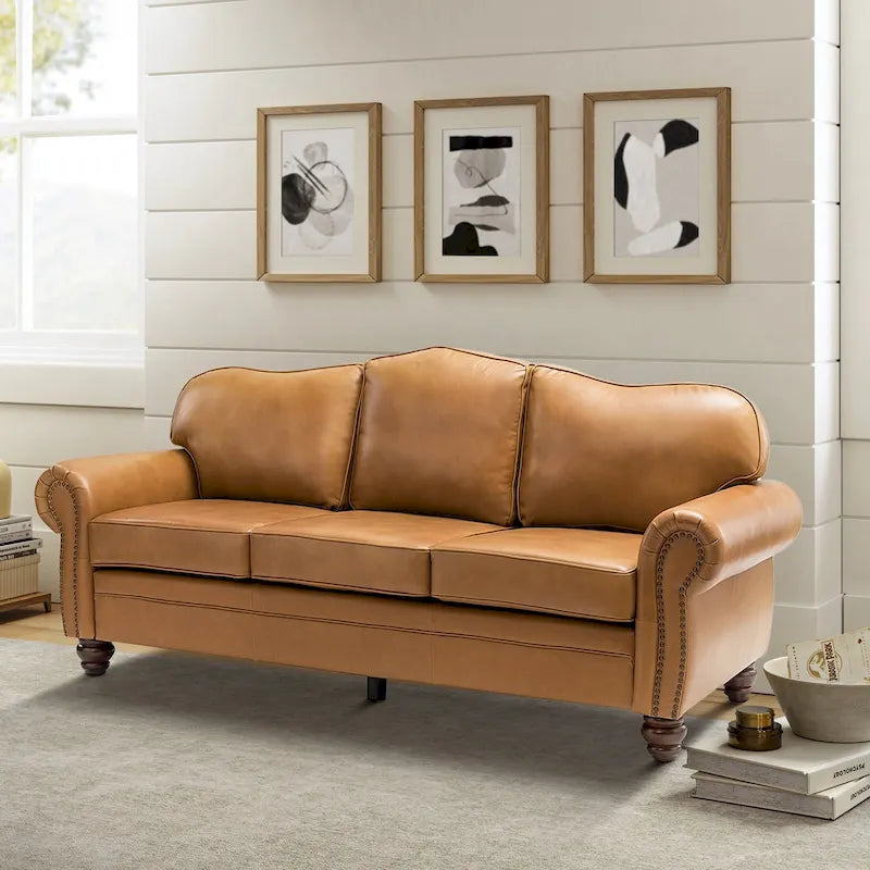 81 Wide Transitional Genuine Leather Rolled Arm Sofa with Nailhead Trim and Removable Cushions
