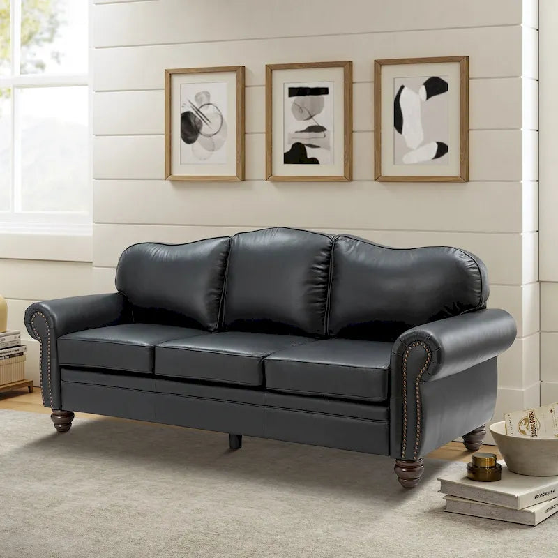 Canapé de 205,7 cm en cuir véritable de style transitionnel avec accoudoirs roulés, bordure cloutée et coussins amovibles