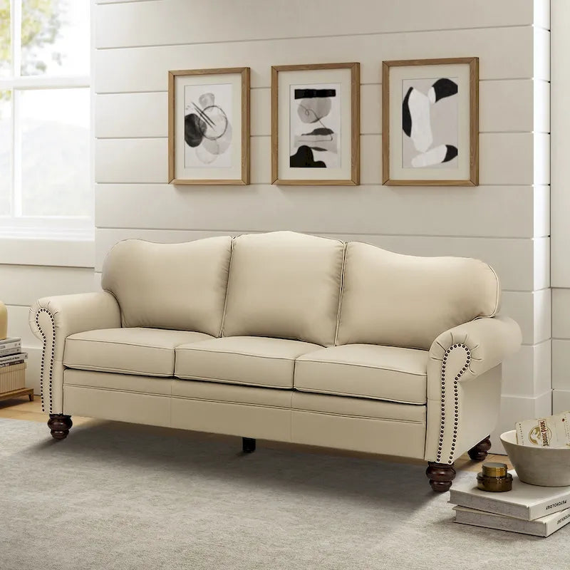 Canapé de 205,7 cm en cuir véritable de style transitionnel avec accoudoirs roulés, bordure cloutée et coussins amovibles