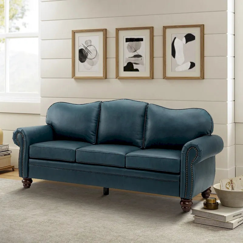 81 Wide Transitional Genuine Leather Rolled Arm Sofa with Nailhead Trim and Removable Cushions