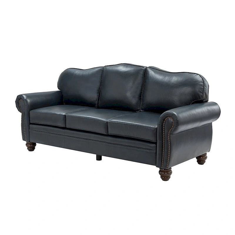 Canapé de 205,7 cm en cuir véritable de style transitionnel avec accoudoirs roulés, bordure cloutée et coussins amovibles