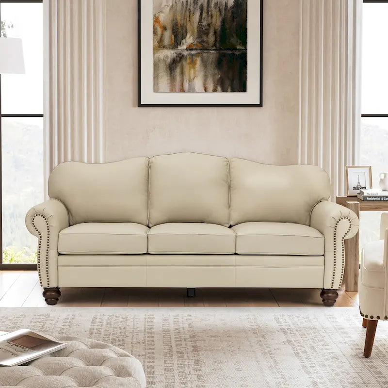Canapé de 205,7 cm en cuir véritable de style transitionnel avec accoudoirs roulés, bordure cloutée et coussins amovibles
