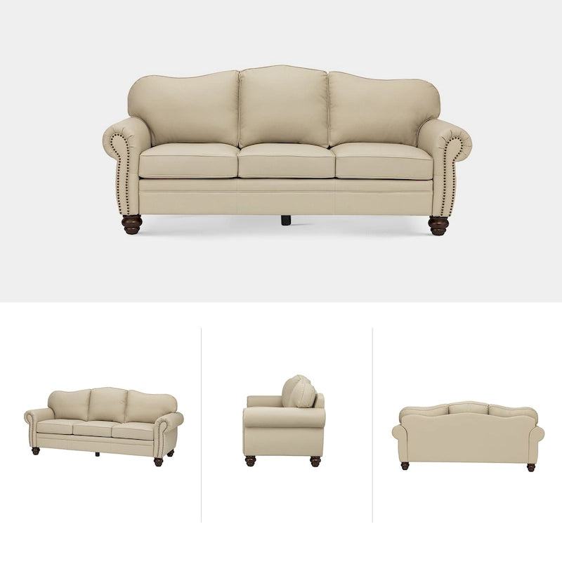 Canapé de 205,7 cm en cuir véritable de style transitionnel avec accoudoirs roulés, bordure cloutée et coussins amovibles
