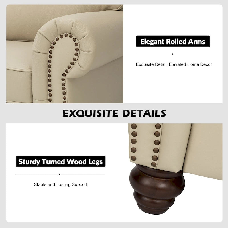 Canapé de 205,7 cm en cuir véritable de style transitionnel avec accoudoirs roulés, bordure cloutée et coussins amovibles