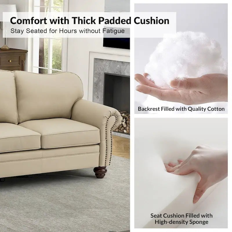 Canapé de 205,7 cm en cuir véritable de style transitionnel avec accoudoirs roulés, bordure cloutée et coussins amovibles