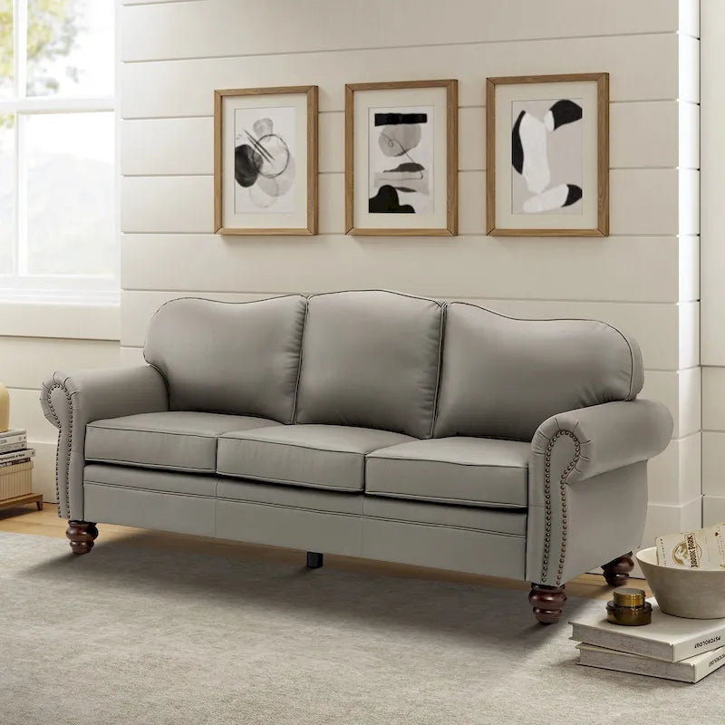 Canapé de 205,7 cm en cuir véritable de style transitionnel avec accoudoirs roulés, bordure cloutée et coussins amovibles