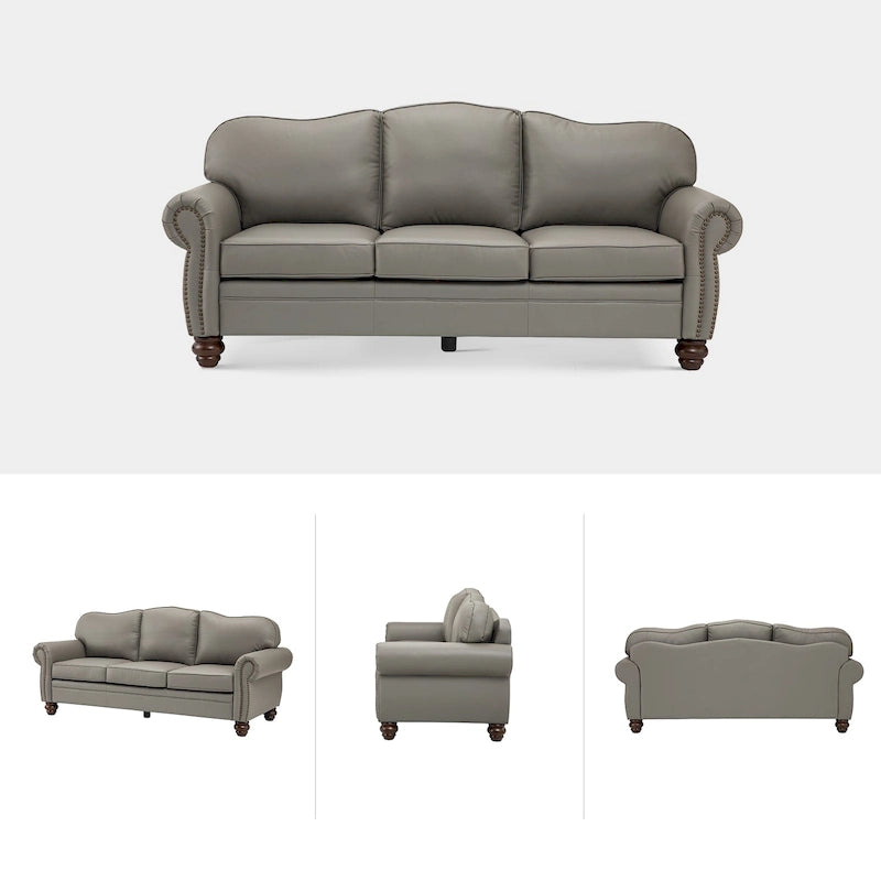 Canapé de 205,7 cm en cuir véritable de style transitionnel avec accoudoirs roulés, bordure cloutée et coussins amovibles