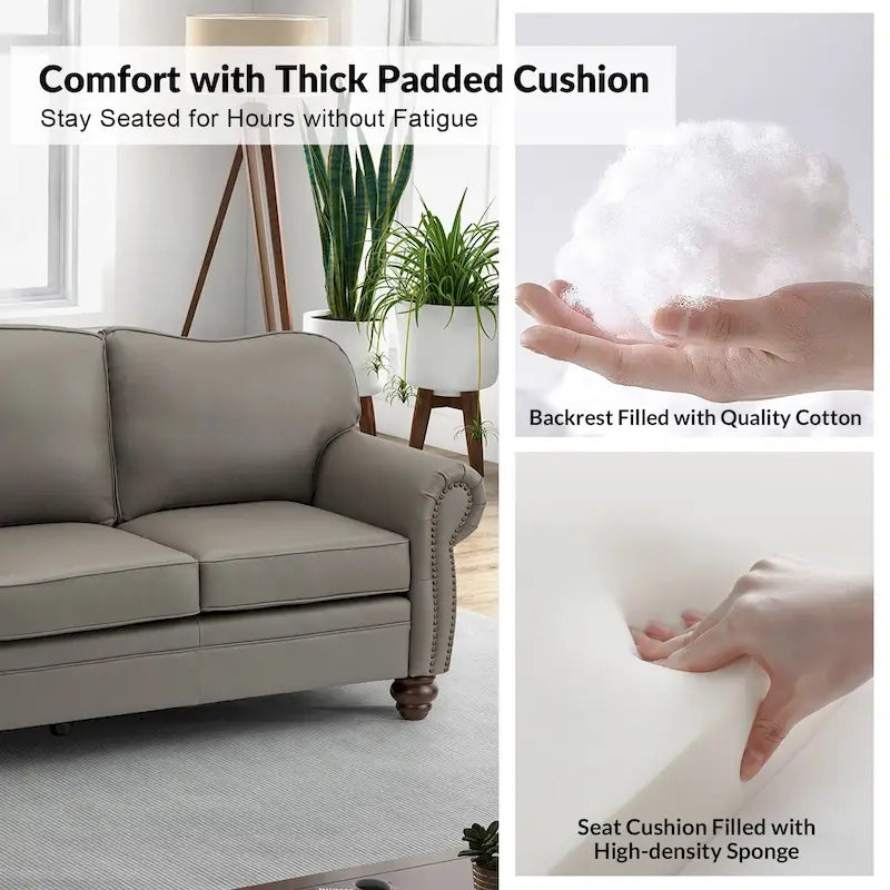 Canapé de 205,7 cm en cuir véritable de style transitionnel avec accoudoirs roulés, bordure cloutée et coussins amovibles
