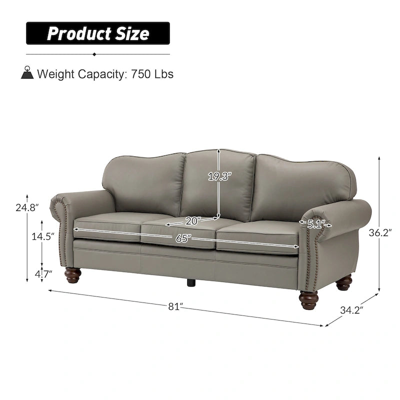 Canapé de 205,7 cm en cuir véritable de style transitionnel avec accoudoirs roulés, bordure cloutée et coussins amovibles