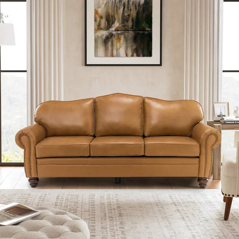 Canapé de 205,7 cm en cuir véritable de style transitionnel avec accoudoirs roulés, bordure cloutée et coussins amovibles