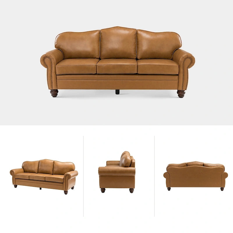 Canapé de 205,7 cm en cuir véritable de style transitionnel avec accoudoirs roulés, bordure cloutée et coussins amovibles
