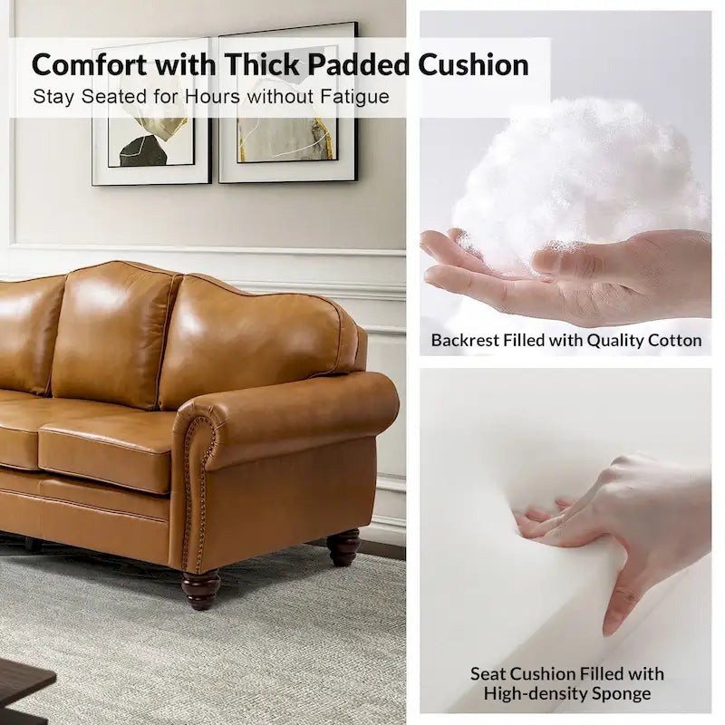 Canapé de 205,7 cm en cuir véritable de style transitionnel avec accoudoirs roulés, bordure cloutée et coussins amovibles