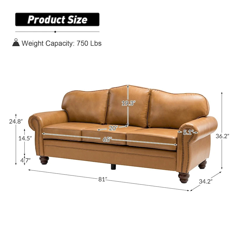 Canapé de 205,7 cm en cuir véritable de style transitionnel avec accoudoirs roulés, bordure cloutée et coussins amovibles
