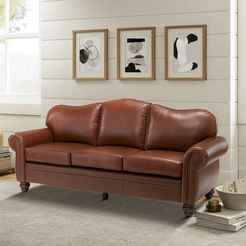 Canapé de 205,7 cm en cuir véritable de style transitionnel avec accoudoirs roulés, bordure cloutée et coussins amovibles