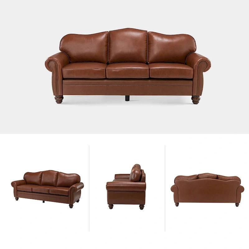 Canapé de 205,7 cm en cuir véritable de style transitionnel avec accoudoirs roulés, bordure cloutée et coussins amovibles