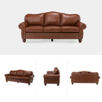 Canapé de 205,7 cm en cuir véritable de style transitionnel avec accoudoirs roulés, bordure cloutée et coussins amovibles