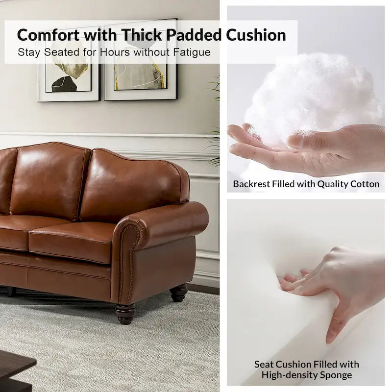 Canapé de 205,7 cm en cuir véritable de style transitionnel avec accoudoirs roulés, bordure cloutée et coussins amovibles