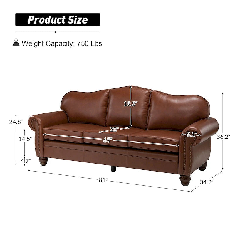 Canapé de 205,7 cm en cuir véritable de style transitionnel avec accoudoirs roulés, bordure cloutée et coussins amovibles