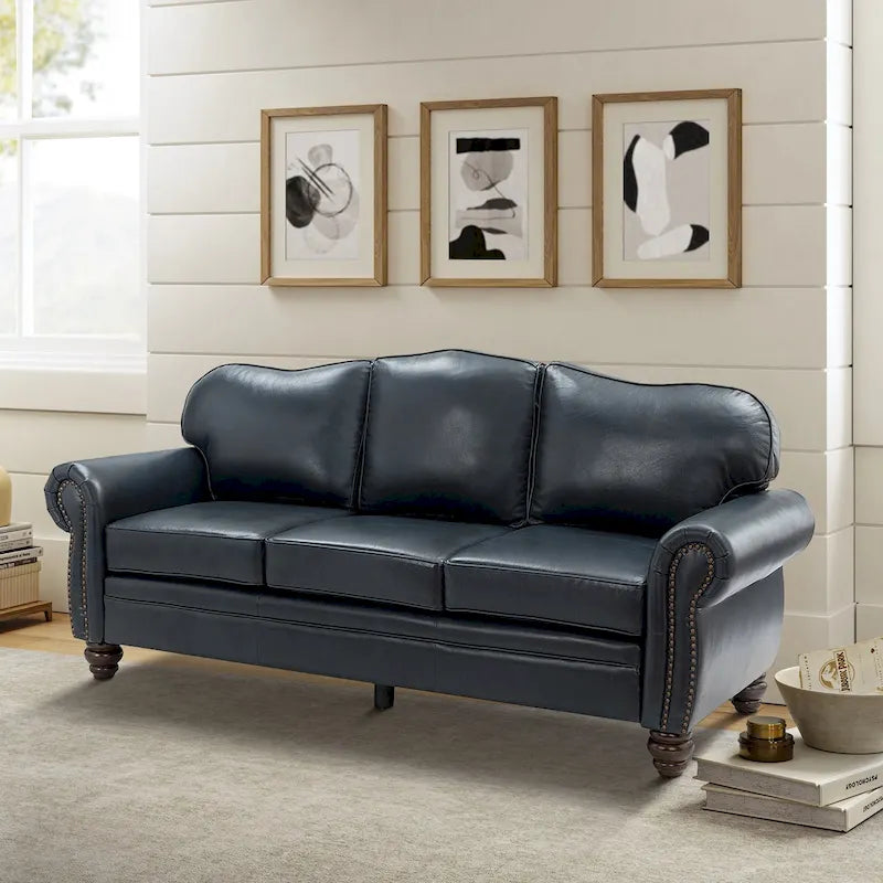 Canapé de 205,7 cm en cuir véritable de style transitionnel avec accoudoirs roulés, bordure cloutée et coussins amovibles