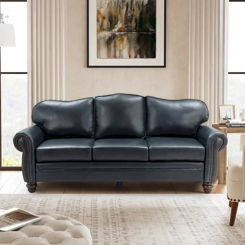 Canapé de 205,7 cm en cuir véritable de style transitionnel avec accoudoirs roulés, bordure cloutée et coussins amovibles