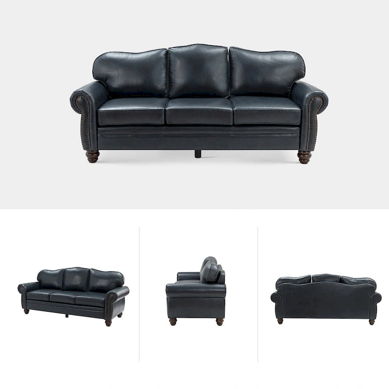 Canapé de 205,7 cm en cuir véritable de style transitionnel avec accoudoirs roulés, bordure cloutée et coussins amovibles