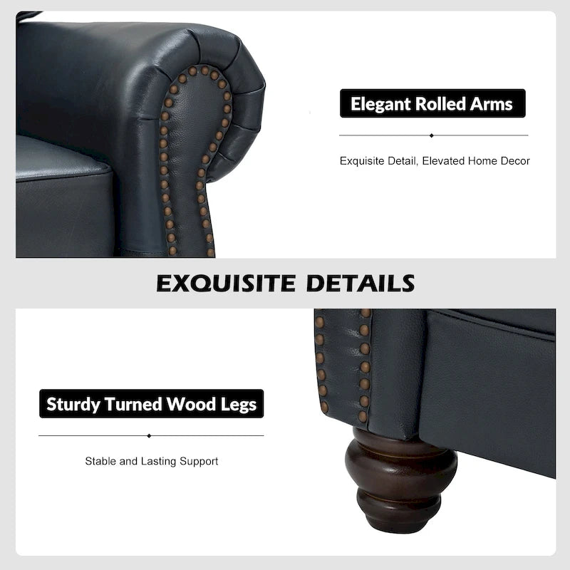 Canapé de 205,7 cm en cuir véritable de style transitionnel avec accoudoirs roulés, bordure cloutée et coussins amovibles