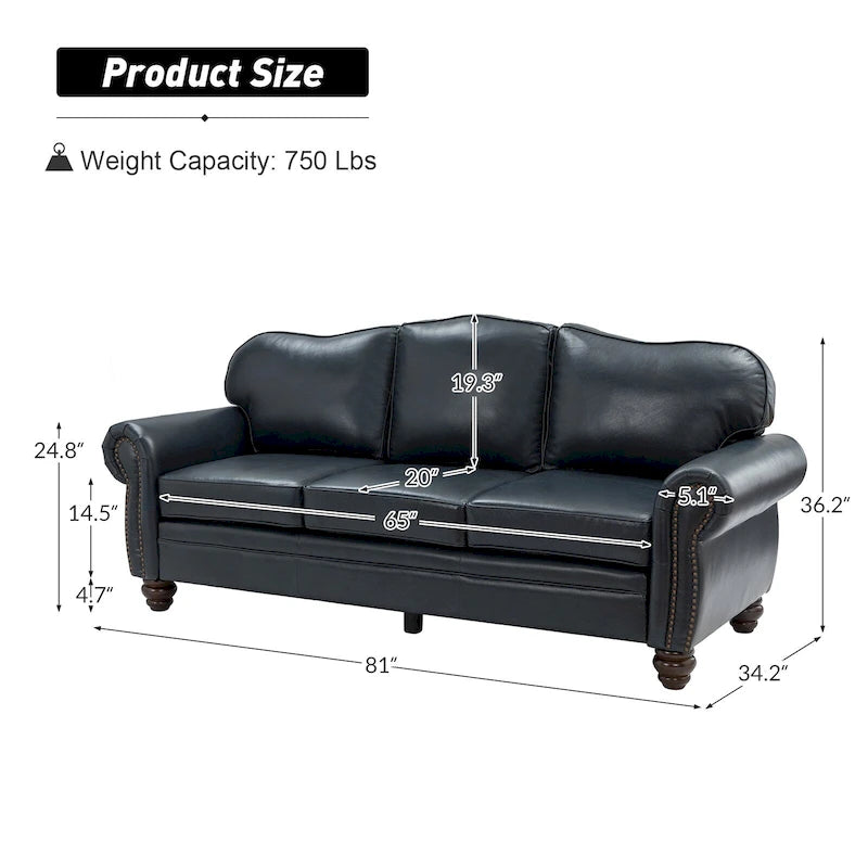 Canapé de 205,7 cm en cuir véritable de style transitionnel avec accoudoirs roulés, bordure cloutée et coussins amovibles
