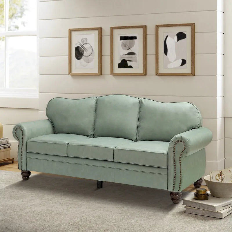Canapé de 205,7 cm en cuir véritable de style transitionnel avec accoudoirs roulés, bordure cloutée et coussins amovibles