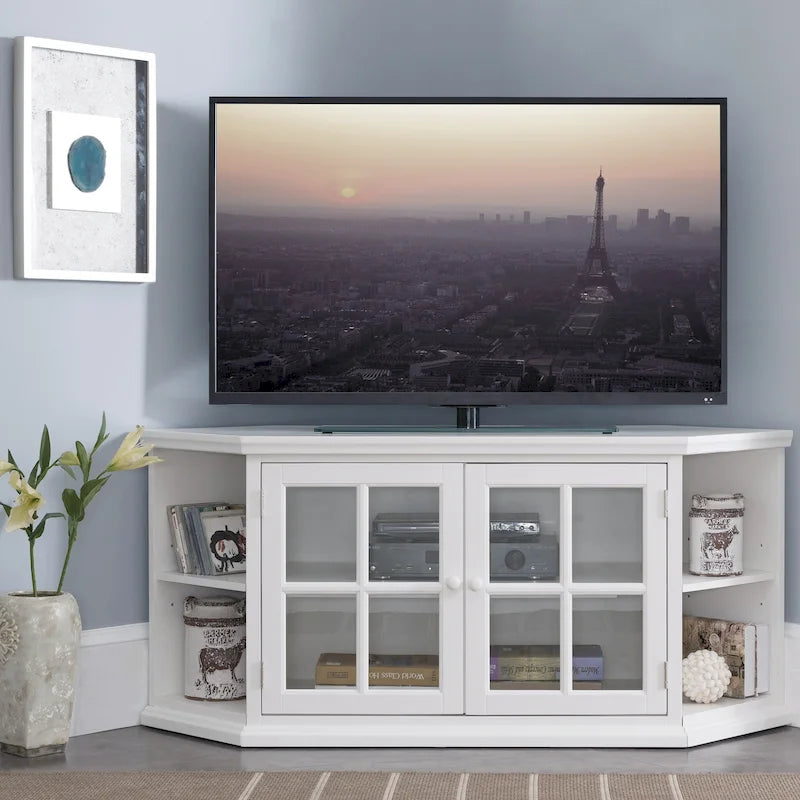 Meuble TV d'angle blanc avec étagères de rangement