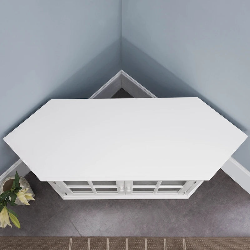 Meuble TV d'angle blanc avec étagères de rangement