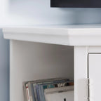 Meuble TV d'angle blanc avec étagères de rangement