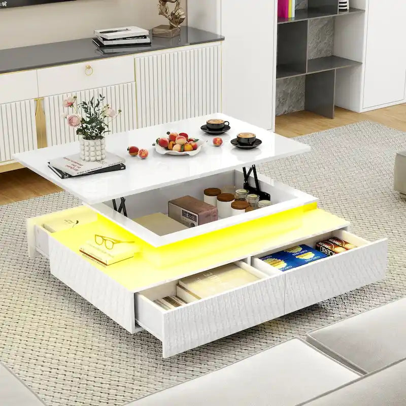 Table Basse Moderne avec Rangement LED Haute Brillance pour Salon