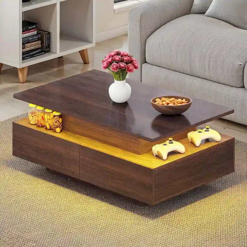Table Basse Moderne avec Rangement LED Haute Brillance pour Salon