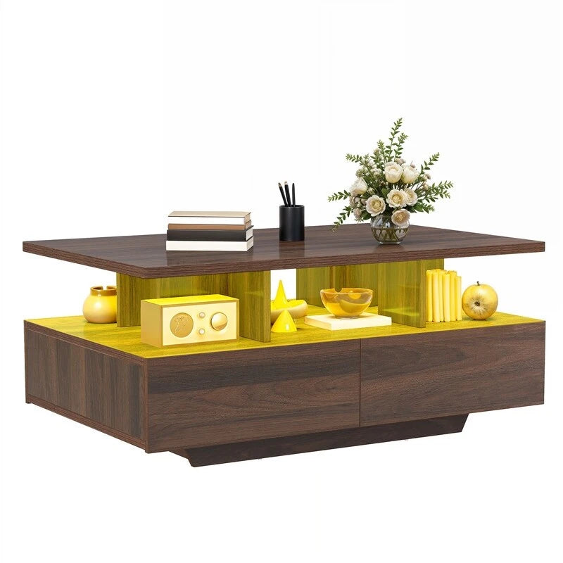 Table Basse Moderne avec Rangement LED Haute Brillance pour Salon