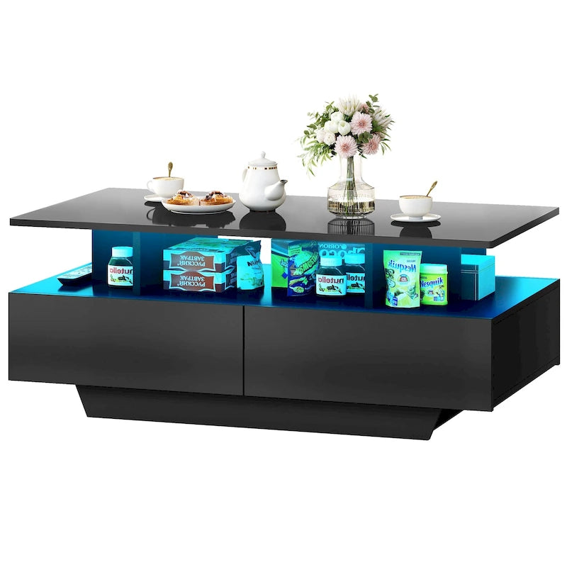 Table Basse Moderne avec Rangement LED Haute Brillance pour Salon