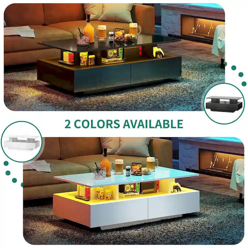 Table Basse Moderne avec Rangement LED Haute Brillance pour Salon