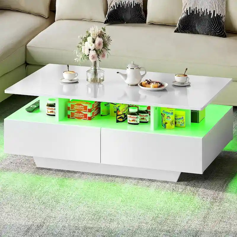 Table Basse Moderne avec Rangement LED Haute Brillance pour Salon