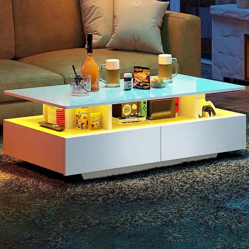 Table Basse Moderne avec Rangement LED Haute Brillance pour Salon