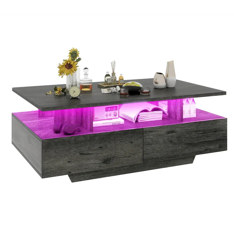 Table Basse Moderne avec Rangement LED Haute Brillance pour Salon