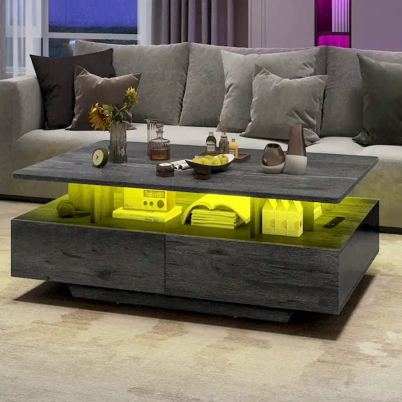 Table Basse Moderne avec Rangement LED Haute Brillance pour Salon