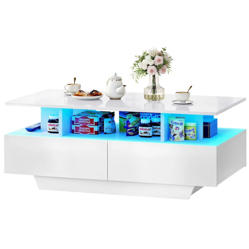 Table Basse Moderne avec Rangement LED Haute Brillance pour Salon
