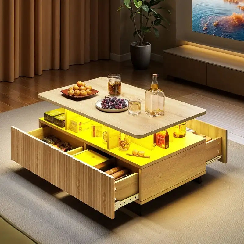 Table Basse Moderne avec Rangement LED Haute Brillance pour Salon
