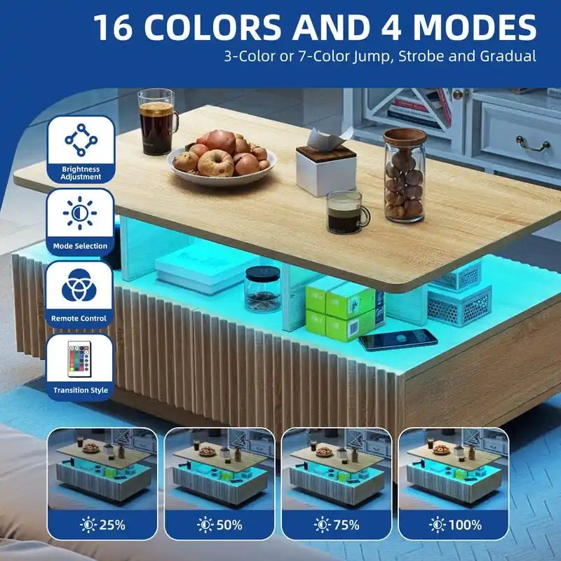 Table Basse Moderne avec Rangement LED Haute Brillance pour Salon