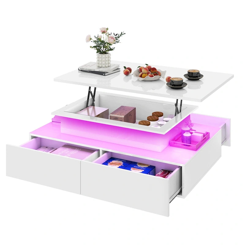 Table Basse Moderne avec Rangement LED Haute Brillance pour Salon