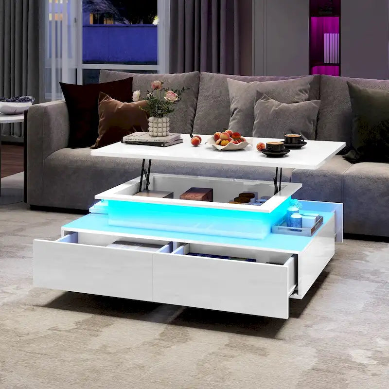 Table Basse Moderne avec Rangement LED Haute Brillance pour Salon