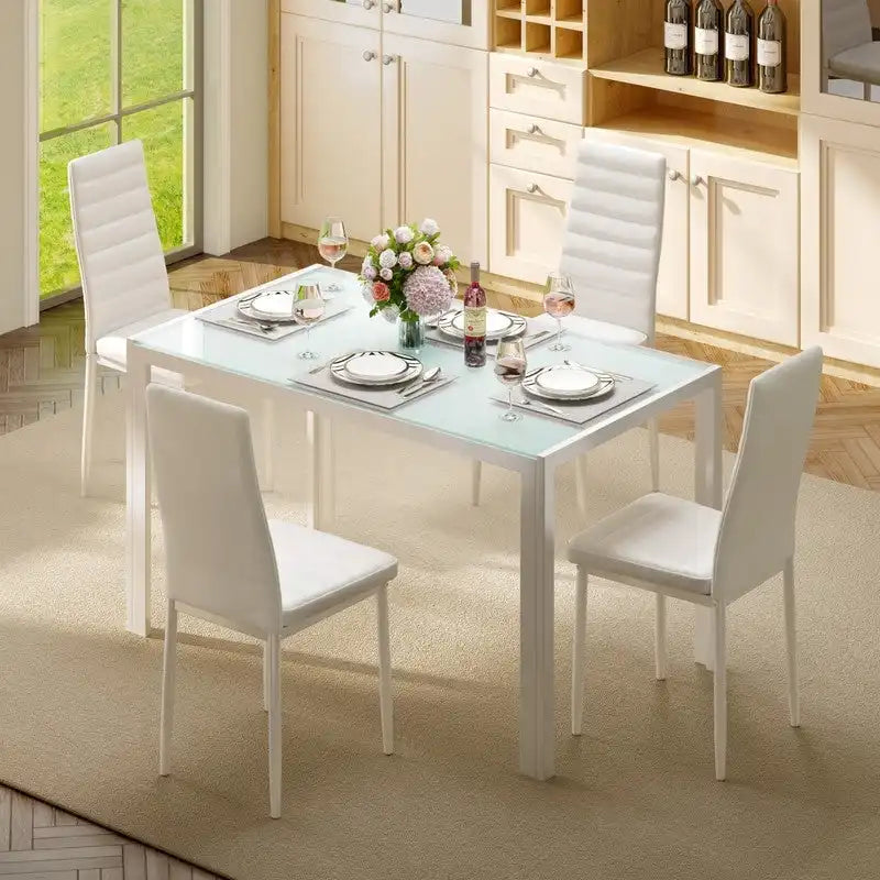 Table à manger 5 pièces en verre, chaises de cuisine modernes pour 4 personnes avec dossier haut en cuir PU