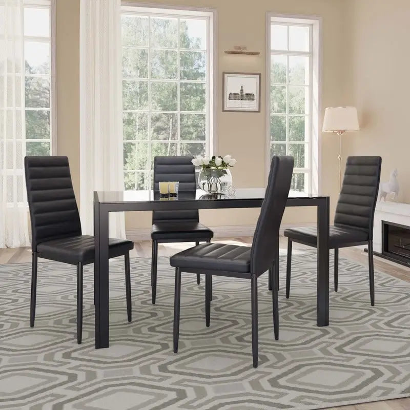 Table à manger 5 pièces en verre, chaises de cuisine modernes pour 4 personnes avec dossier haut en cuir PU